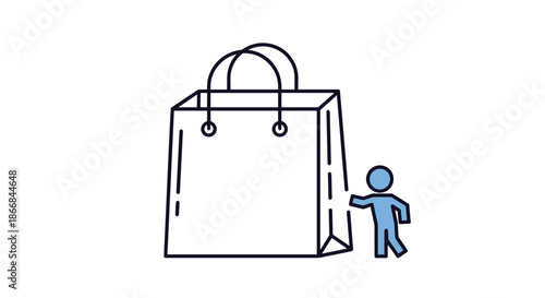 A conceptual line art icon showing a small person standing next to an oversized shopping bag, representing consumerism or a big sale.