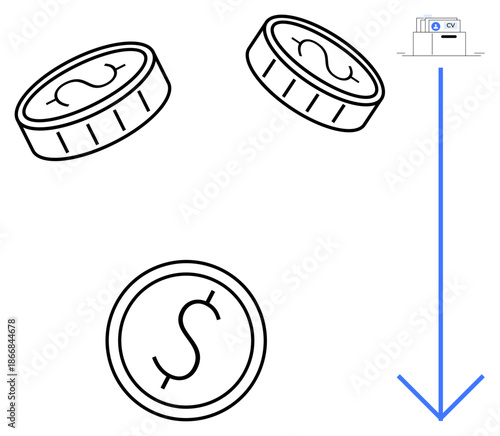 Currency transfer concept. financial process with coins, blue arrow, and document transactions. Currency transfer for banking, fintech, money exchange, payment systems, business finance