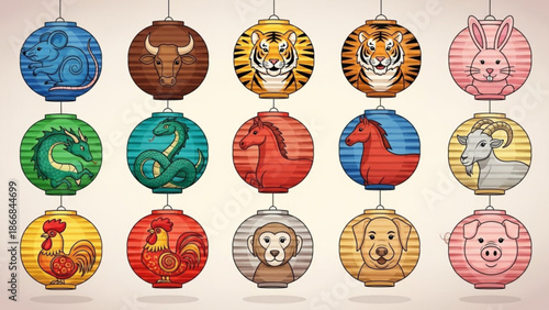 A colorful vector illustration of 12 Chinese zodiac animal icons in hanging lanterns