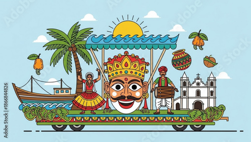 A vibrant illustration of a festive float with a large smiling face, palm tree, and church in the background.