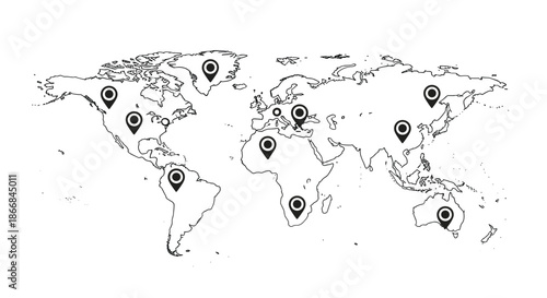 A black and white outline world map featuring multiple black location pin icons placed on different continents, showing global reach.