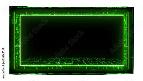 Futuristic neon green rectangular frame, dark backdrop, glowing lines