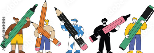 Colorful creative people holding giant pencils, marker illustration, teamwork design concept, modern flat vector characters for education art branding projects