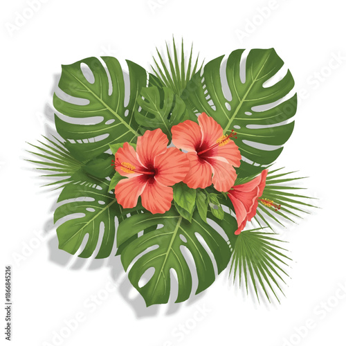 A vibrant cartoon illustration of tropical leaves and coral hibiscus flowers arranged together on a clean white background with a cute and colorful design.