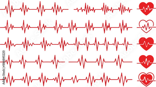 Collection Of Red Heartbeat Lines And EKG Pulse Icons