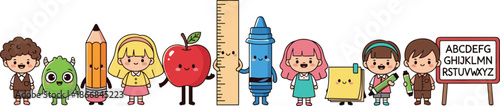 Cute school characters and supplies, kids education illustration, colorful cartoon vector design, learning tools and alphabet board for preschool teaching