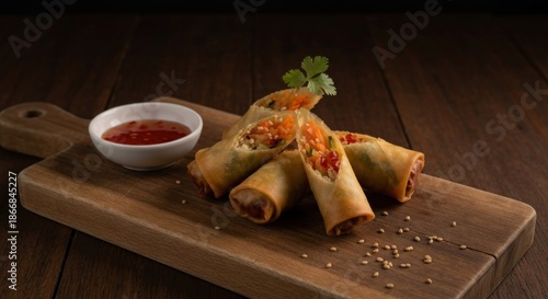 Golden spring rolls, topped with vegetables, sit atop a wooden board, with a small bowl of dipping sauce nearby