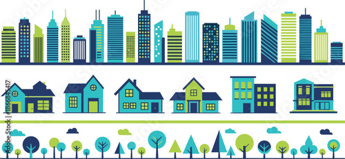 Modern city skyline and suburban houses, urban landscape illustration, green trees, residential buildings, real estate, architecture, flat vector design