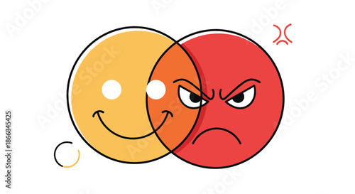 A conceptual illustration of bipolar disorder or mood swings, showing an overlapping happy yellow face and an angry red face.