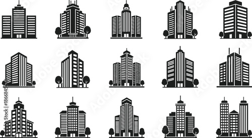 Modern city skyline building icons set, urban skyscraper silhouettes, office tower collection, real estate architecture, business district design