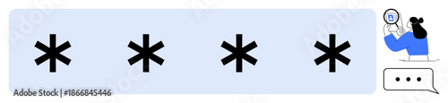 Password protection concept. Asterisks hidden credentials and secure access. A user with a magnifying glass highlights identification. For cybersecurity, data safety, online privacy, secure login