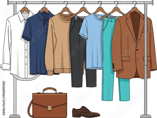 Modern mens clothing rack illustration with formal and casual outfits, business fashion wardrobe apparel collection stylish office wear design concept