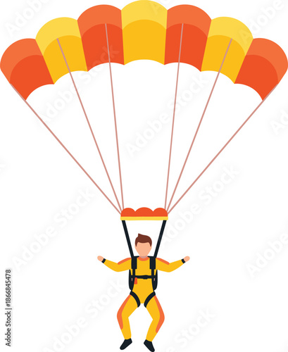 Parachutist skydiving with colorful parachute, extreme sport adventure, flat vector illustration, isolated sky background, adrenaline outdoor activity concept for tourism