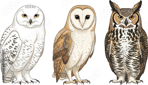 owl, illustration, wildlife, birds, snowy, barn, horned, vector, nature, feathers, predator, nocturnal, animal, forest, design, clipart, set, collection, realistic, artwork
