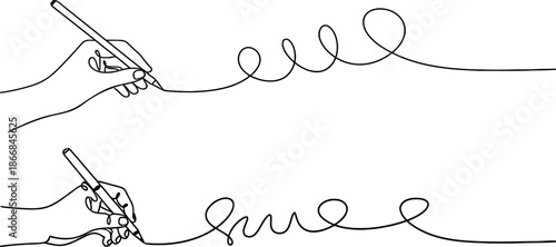 Continuous one line drawing of hand writing minimalism style. Fingers holding ink pen or pencil to draw or write on paper.