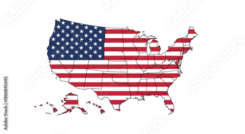 A map of the United States of America with the states outlined, filled with the stars and stripes of the American flag.