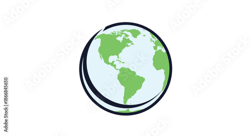 A modern and simple icon of the globe with green continents, partially encircled by a swoosh, representing global movement or connection.