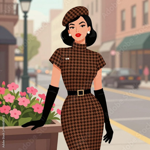 Elegant woman in a vintage-inspired houndstooth ensemble enjoying a city stroll