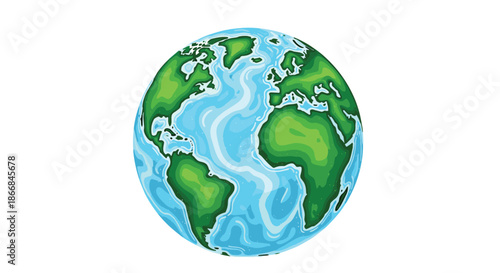 A beautifully detailed and artistic watercolor-style illustration of the planet Earth, showcasing lush green continents and swirling blue oceans.