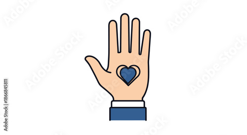 A colorful icon of an open hand with a heart in its palm, symbolizing charity, volunteering, kindness, and giving love.