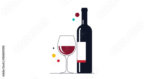 A modern and elegant flat design illustration of a bottle of red wine next to a glass, with colorful dots for a festive feel.