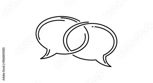 A minimalist line art icon of two overlapping speech bubbles, representing conversation, dialogue, communication, and social interaction.