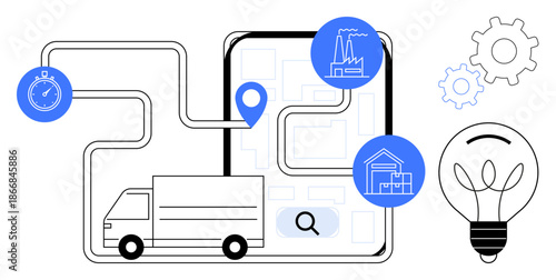 Logistics, supply chain, delivery management, transportation, industrial innovation, warehouse tracking. Illustration with truck, route map pin factory and bulb. Logistics and supply chain concept