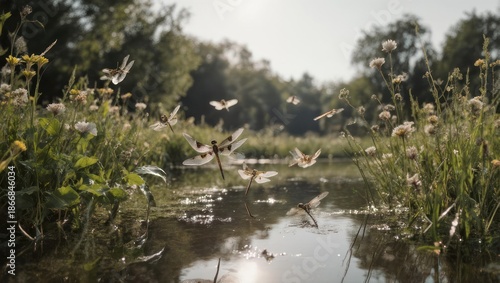 Dragonflies dance over a tranquil pond in a lush, green landscape.
