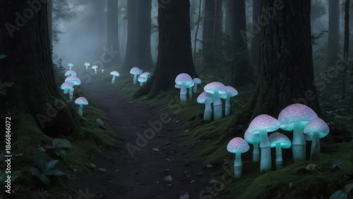 Enchanted Forest Path with Glowing Mushrooms at Night.