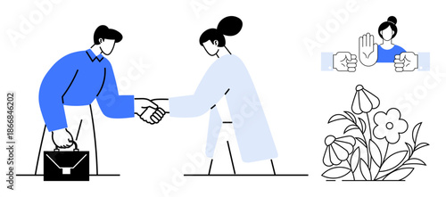 Business communication, teamwork, negotiation, conflict resolution, trust, growth. Two people shaking hands, a gesture of stop and flowers. Business communication and teamwork concept