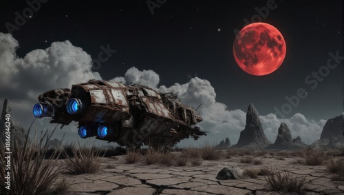 Sci-Fi Spaceship on Alien Planet with Red Moon and Clouds.