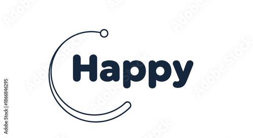 Minimalist logo design with the word happy in a bold sans-serif font, partially encircled by a thin curved line icon.