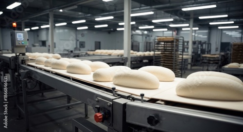 Industrial bread production line. Raw loaves on a conveyor belt