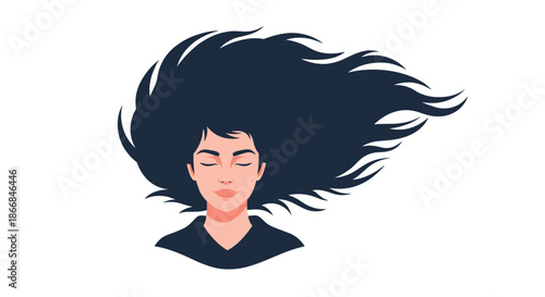 Beautiful woman with her eyes closed and long black hair flowing freely in the wind, a concept for beauty and hair care.