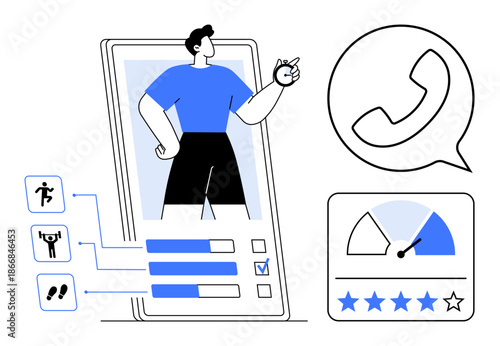 Fitness tracking. Fitness tracking app interface activity monitors, user performance analytics, and communication tools. Fitness tracking for health monitoring, app development, coaching, wellness