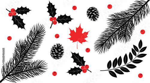 Christmas Botanical Elements Set Pine Branch Holly Leaves Berries Winter Vector Illustration
