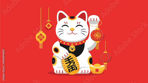 A cheerful Maneki-Neko cat with one paw raised sits on a red background surrounded by Chinese New Year decorations and lanterns, conveying a joyful and festive mood with bright colors and