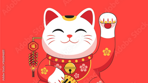 A cheerful Maneki-Neko figurine wearing a red and gold outfit with floral patterns, holding a coin, against a solid red background, conveying a festive Chinese New Year or Day mood with