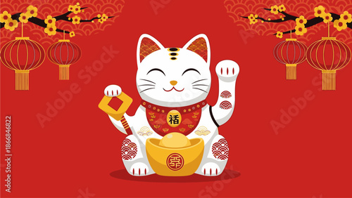 A cheerful white cat figurine with one paw raised, wearing a red collar and holding a gold coin, sitting on a gold bowl against a vibrant red background with Chinese lanterns, celebrating
