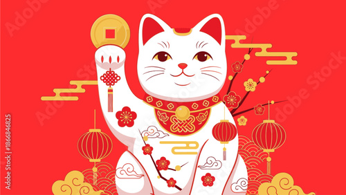 Illustration of a white Maneki-Neko cat with red and gold decorations on Chinese Day against a vibrant red background with gold accents and lanterns.