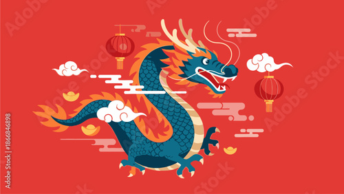 Vibrant illustration of a blue dragon with orange accents, surrounded by lanterns and clouds on a red background, celebrating Chinese Day with festive elements.