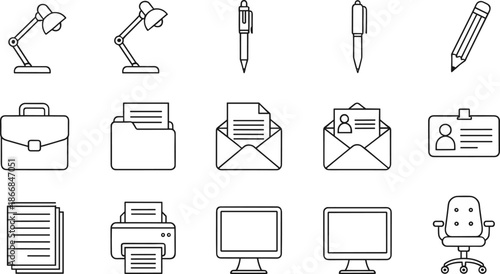 Minimalist black and white office and stationery vector icon set featuring line art illustrations of desk lamps, pens, folders, envelopes, ID cards, monitors, and printer.