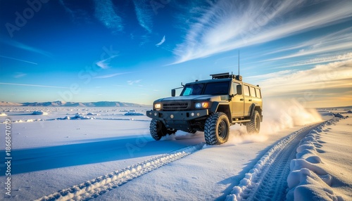 Armored vehicle driving through a vast, snow-covered landscape under a bright blue sky, kicking up snow.