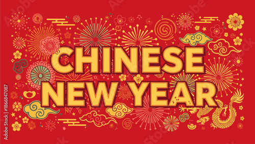 Vibrant digital illustration of Chinese New Year celebration with golden decorations on a red background, featuring festive designs and typography.