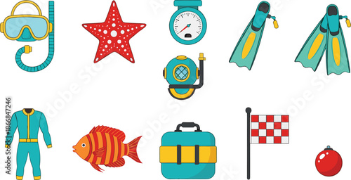 Colorful vector collection of scuba diving and snorkeling icons including a mask, snorkel, flippers, diving suit, oxygen tank, starfish, tropical fish, and marine equipment.