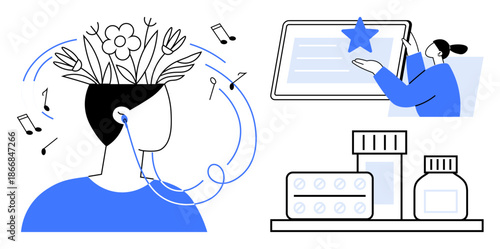 Mental health, education, wellness, creativity, digital tools, healthcare. Human figure with flowers and music notes, a person at a screen and medical items. Mental health and education
