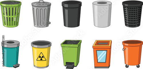 Colorful vector collection of waste management icons featuring different trash can styles including recycling bins, metal garbage cans, and hazardous waste containers.
