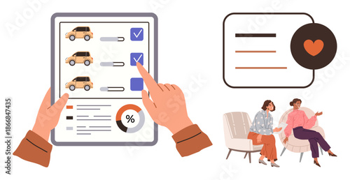Vehicle choice, customer behavior, decision-making, product comparison, buying process, social bonding. Tablet with car options and two women chatting. Vehicle choice and customer behavior concept
