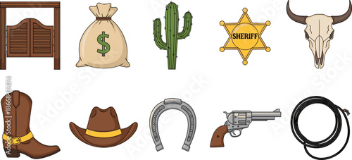 Wild West cowboy vector collection featuring colorful illustrations of a sheriff badge, revolver, cowboy boot, hat, saloon doors, cactus, money bag, and horseshoe for desert adventures.