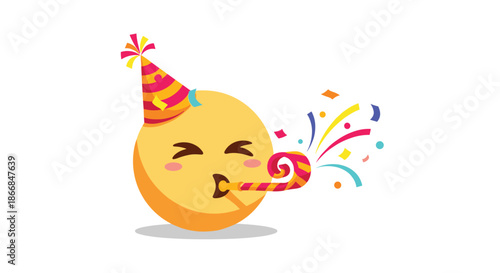 Joyful cartoon emoji wearing a party hat and blowing a noisemaker with colorful confetti, celebrating a birthday or event.